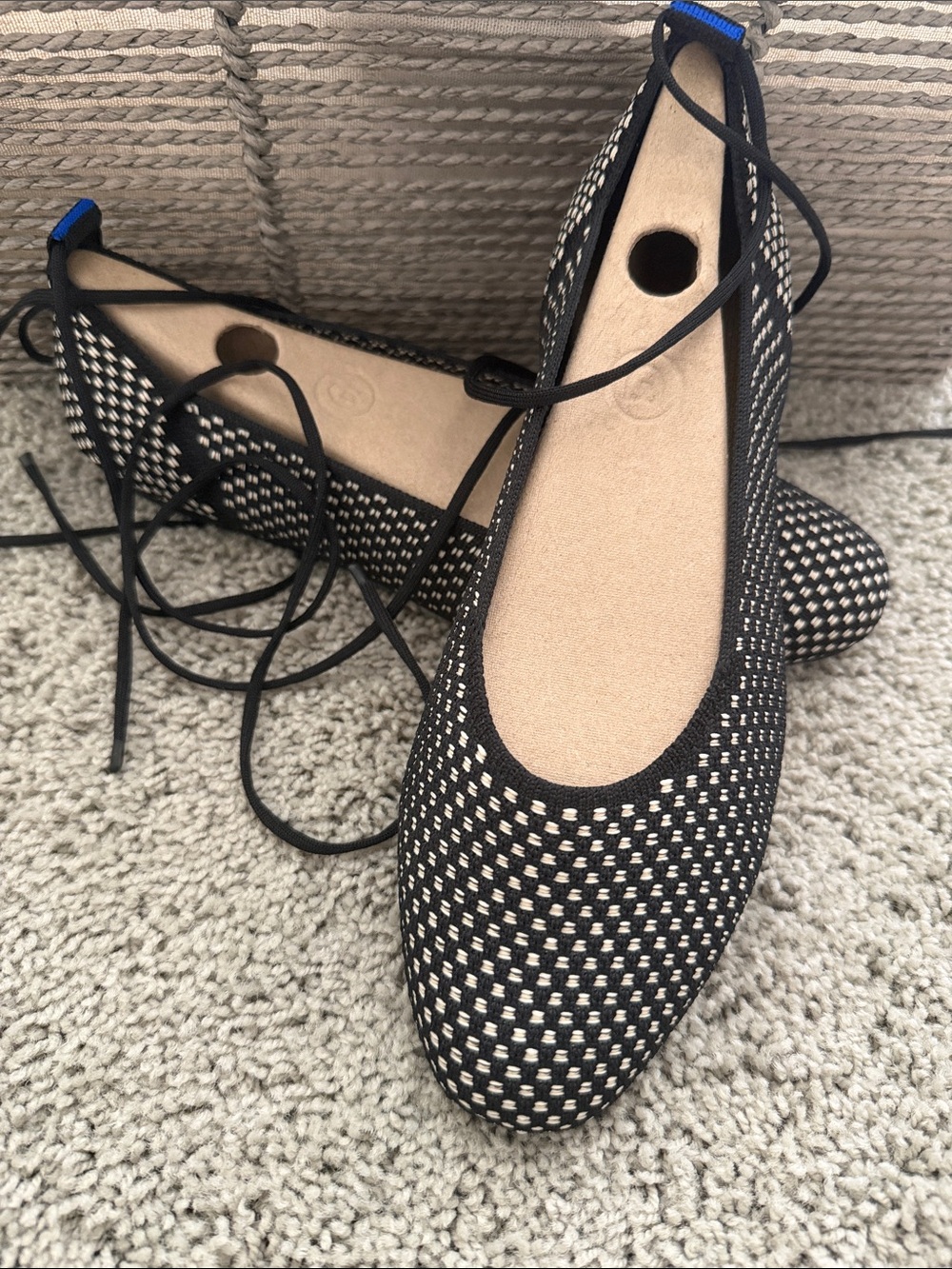 Rothy's Black and Cream Woven Lace-Up Flats